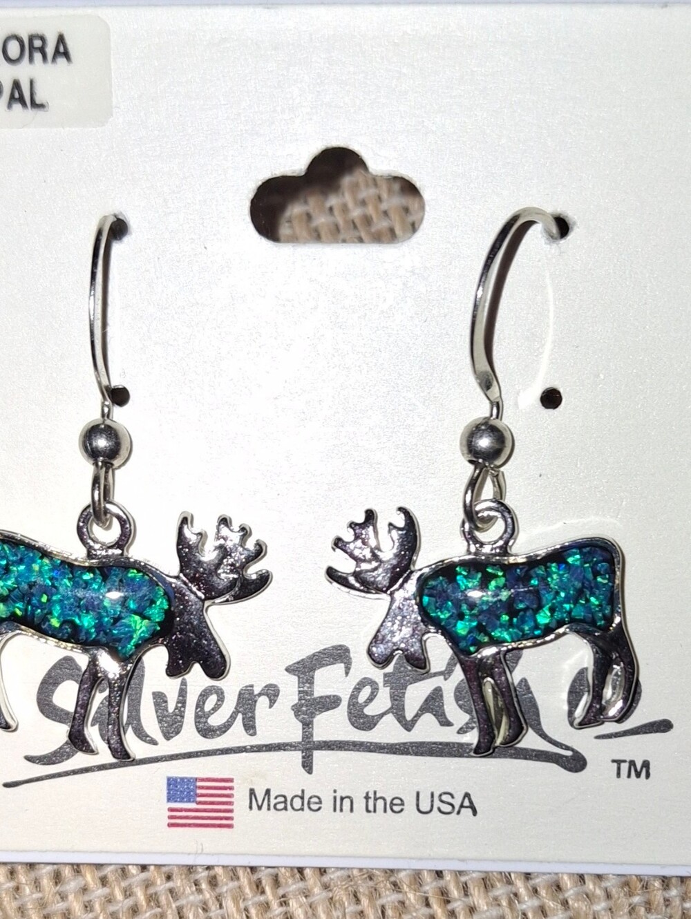 NwT Teal Opal Moose Dangle Silvertone Earrings